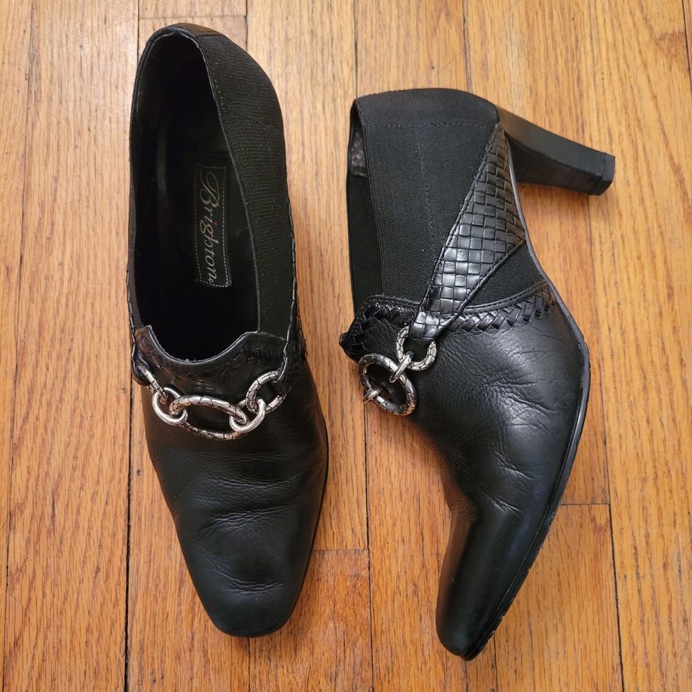 Brighton Rizzo Black Leather Woven Chain Pump Heels 6.5 M Brazil Whimsigoth